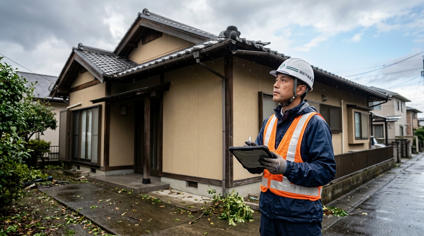 雨天時に空き家の外観を確認するスタッフ