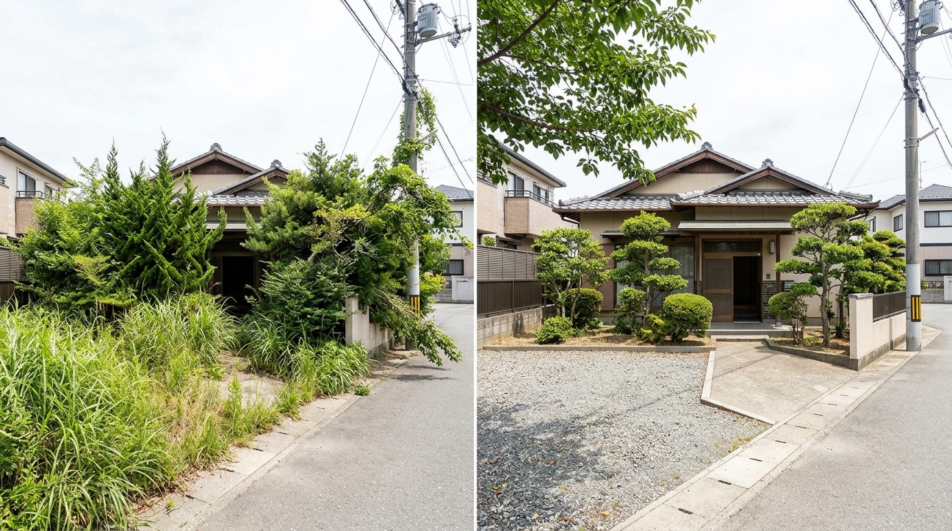 草木が生い茂った空き家と整えた後の比較写真