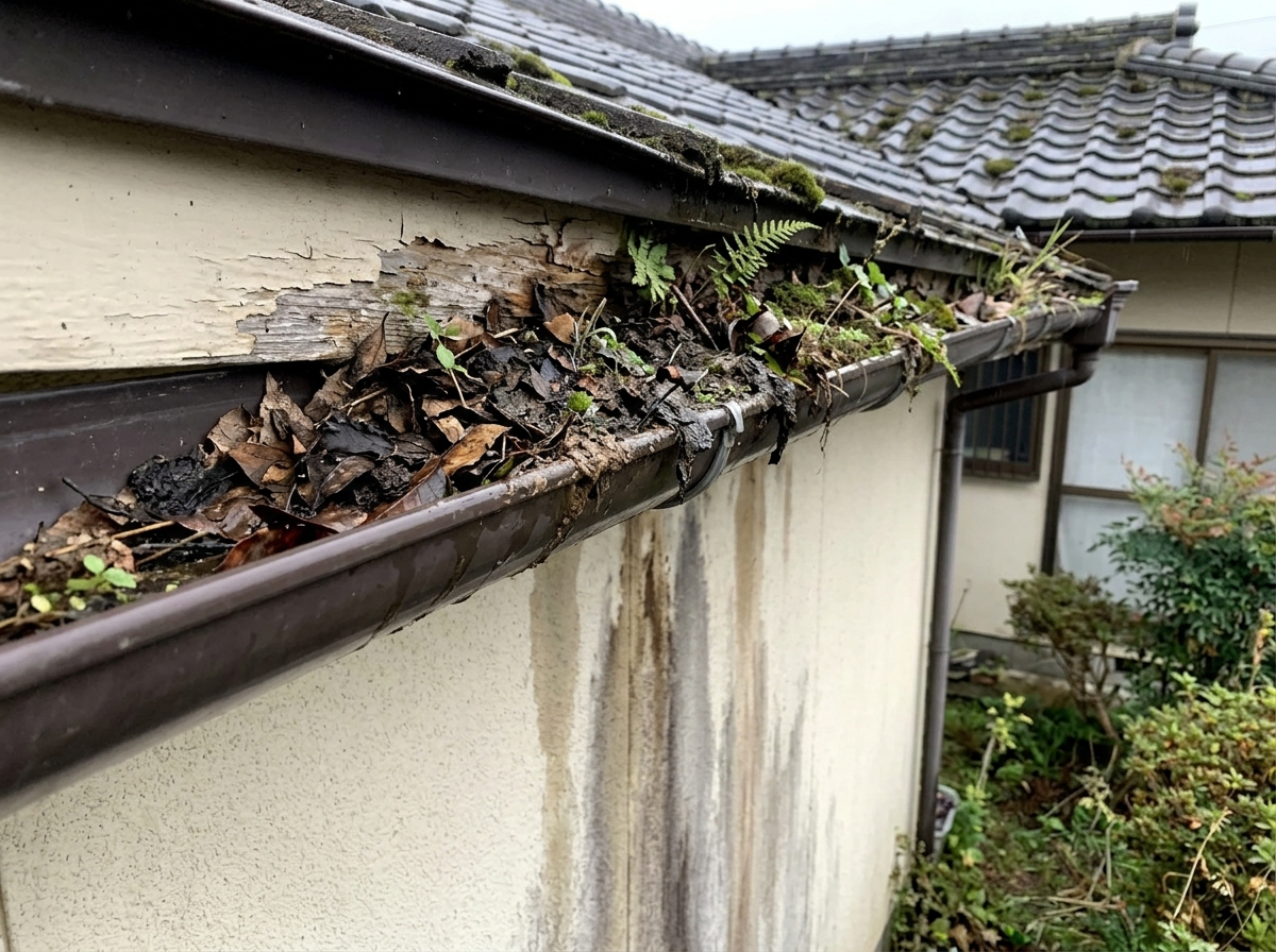 落ち葉が詰まり傷んだ雨どい