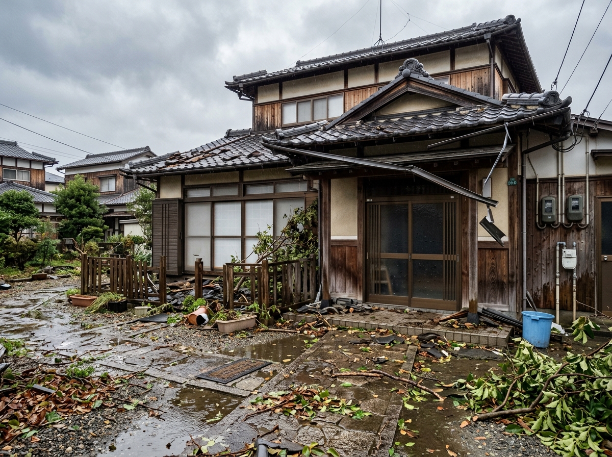 台風後に破損や飛散物が見られる家屋